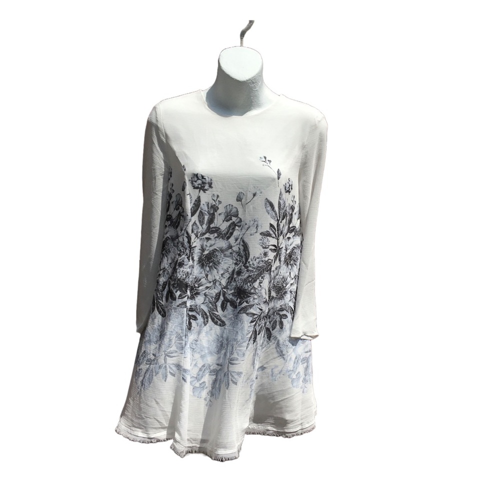 Kimchi Blue Dress White + Grey Black Floral Long Sleeve Raw Hem Size S Small